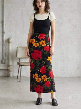 MKM Designs Vintage Women's Size Large Black Vibrant Floral Maxi 90s Y2K Skirt